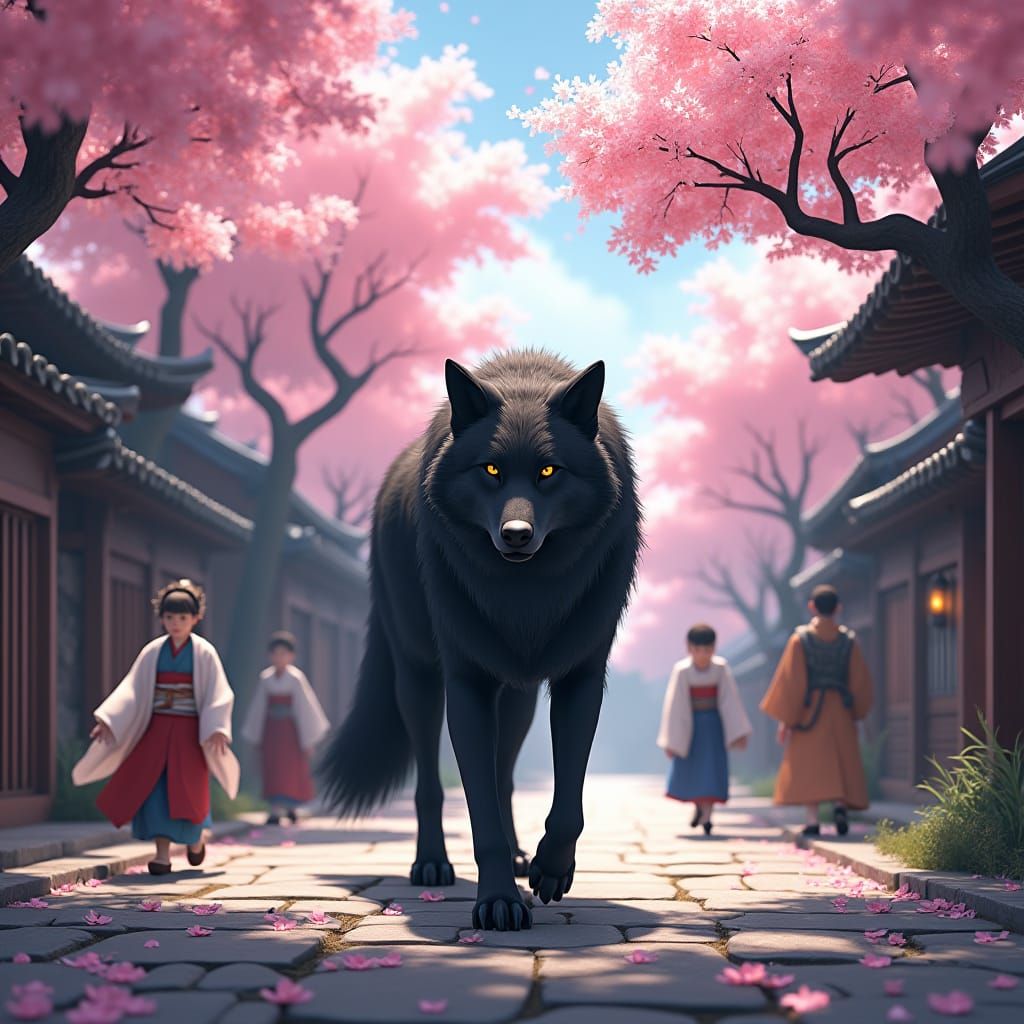 Black Wolf in Cherry Blossom Grove, Digital Painting