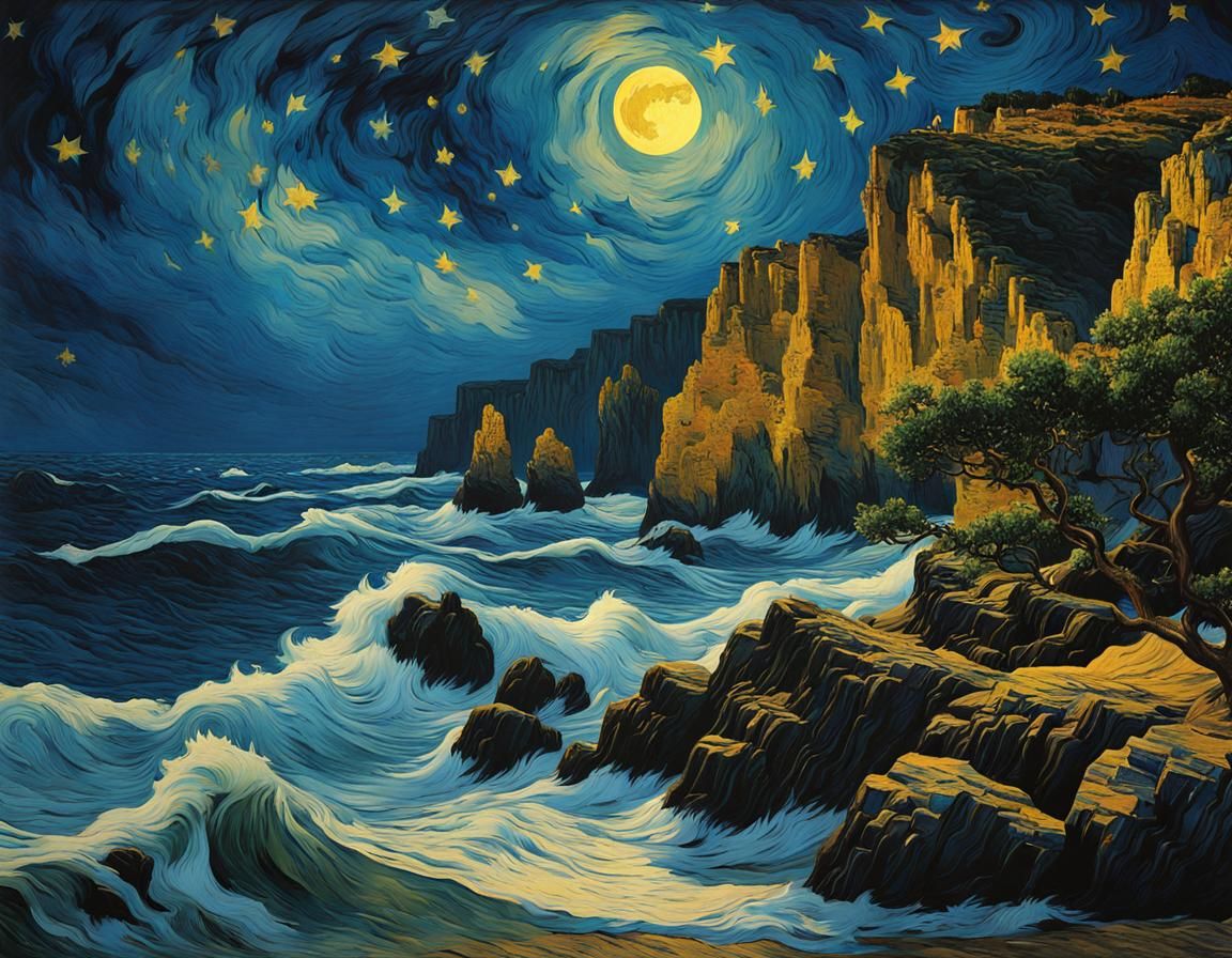 Starry Night Inspired Gothic Seascape in Oil