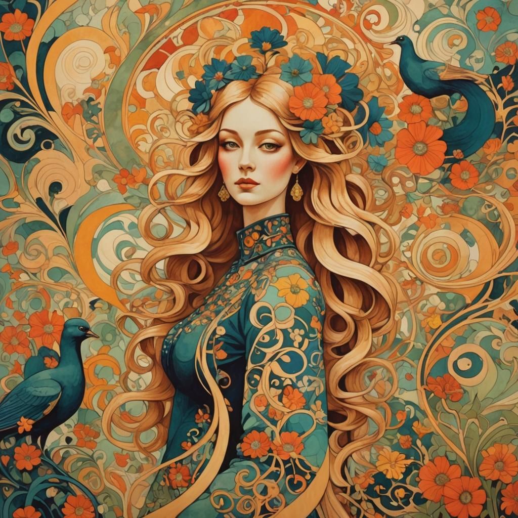 Psychedelic Art Nouveau Floral Design with Vibrant Colors