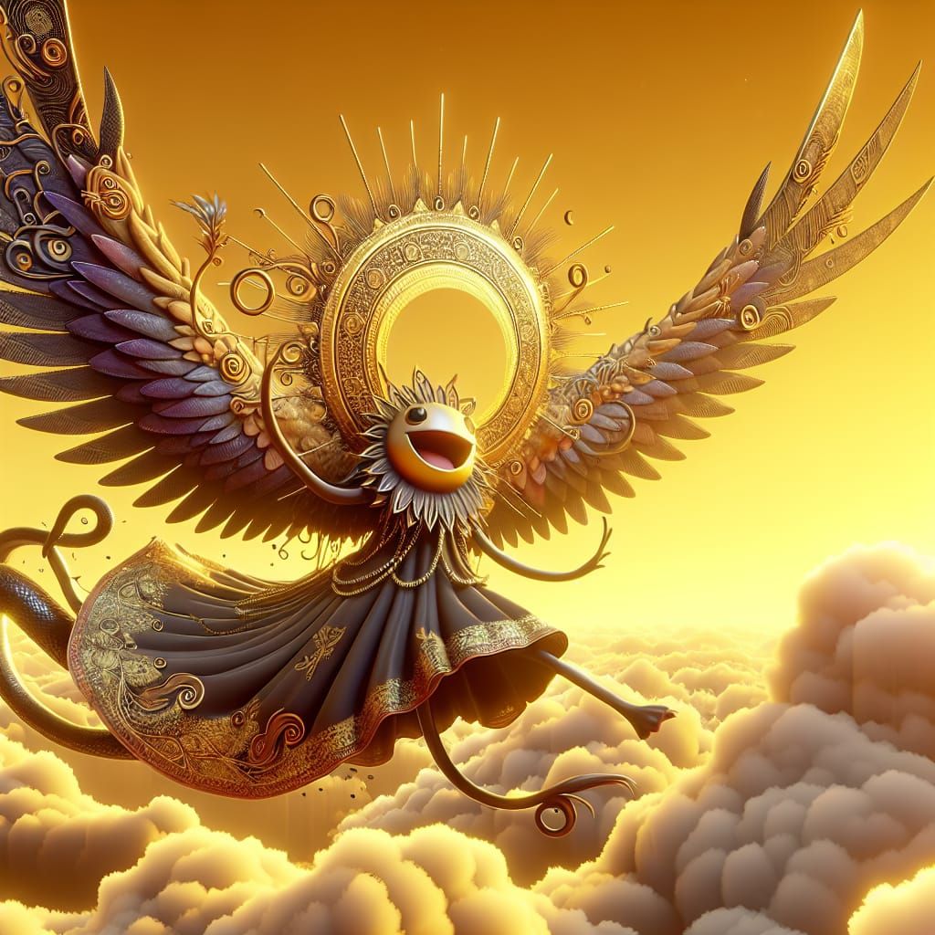 Winged Creature in Black Dress on Clouds