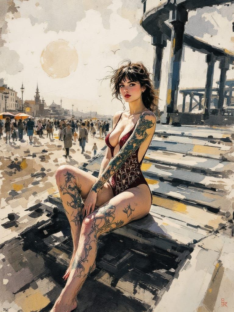 Woman with Tattoos on Boardwalk in Pissarro, Cezanne, Sumi-e...