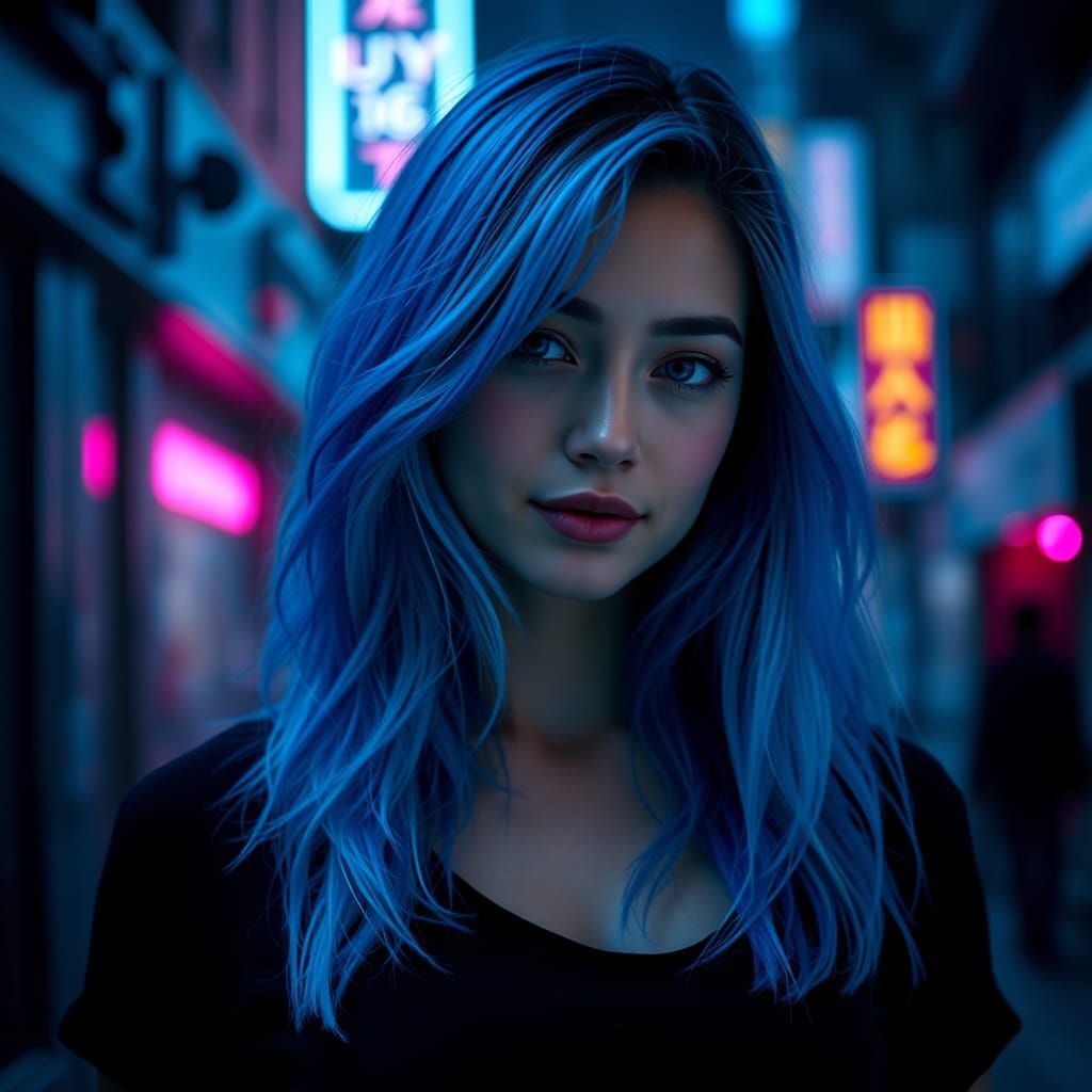 Enchanting Cyberpunk Goddess in Vibrant Electric Blue