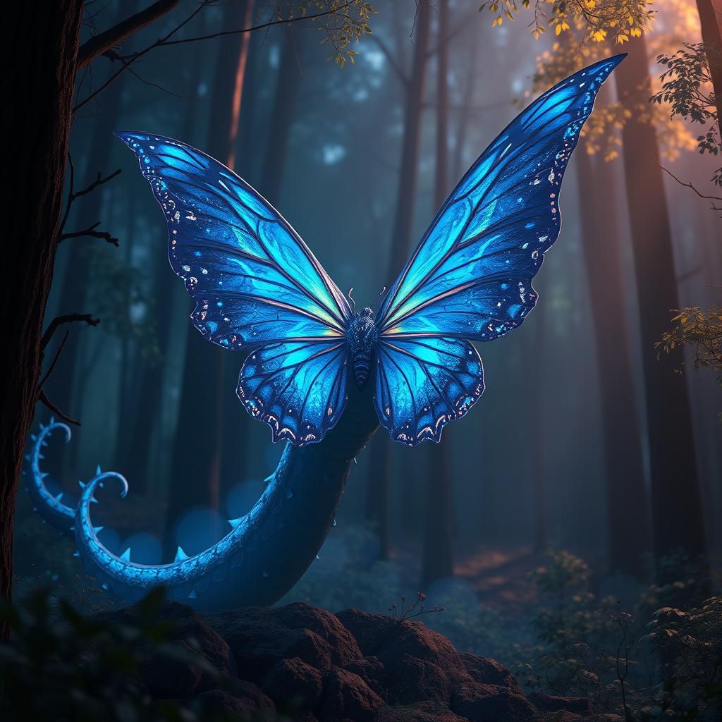 Blue Butterfly Dragon in a Glowing Magic Forest