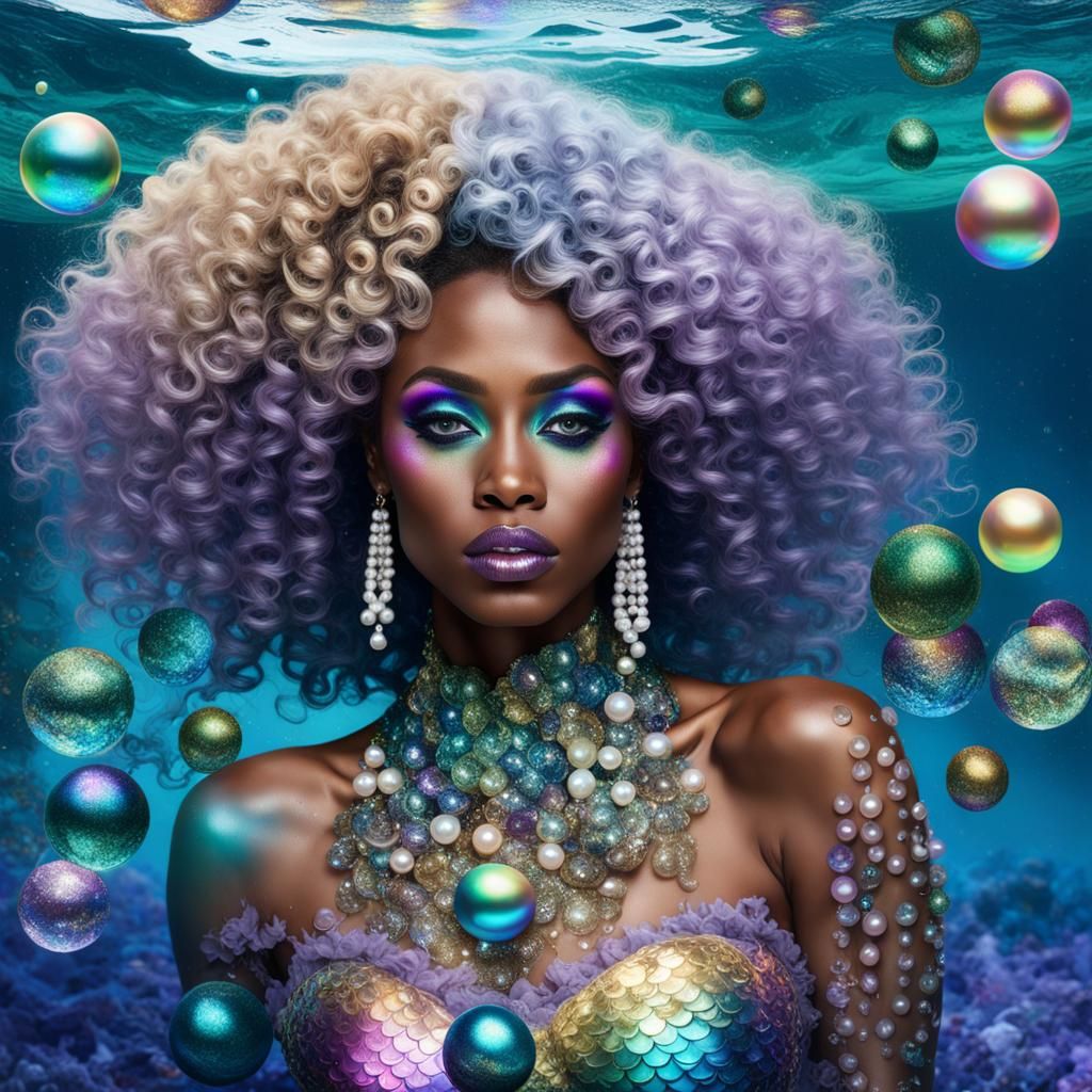 Rainbow Mermaid with Pearls Underwater, Hyperrealistic Photo