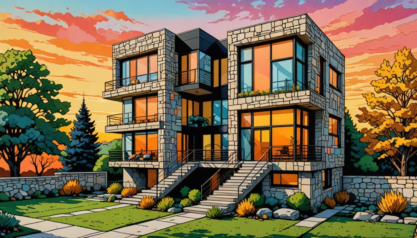 Modern Stone House in Sunset Glory