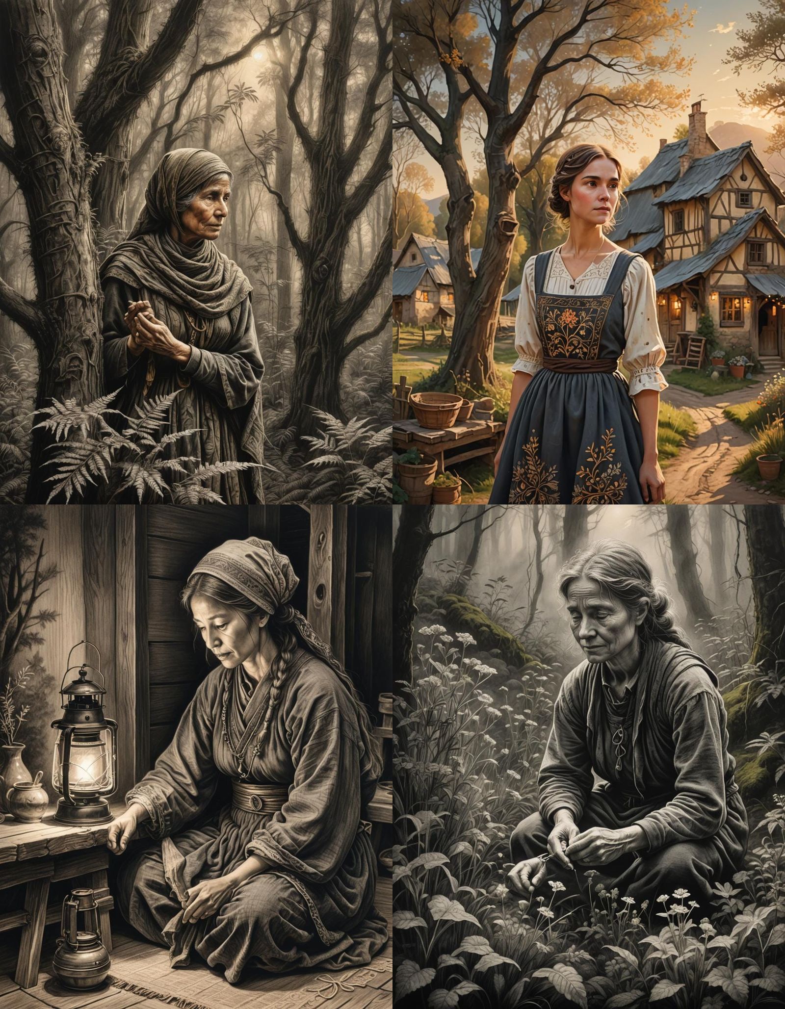Fairytale Woman Villager in Charcoal Drawing