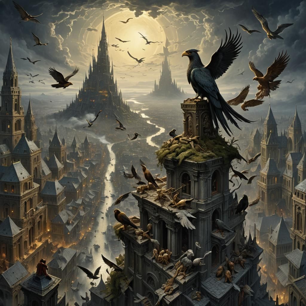 Golden City of Winged Beings: Fantasy Illustration