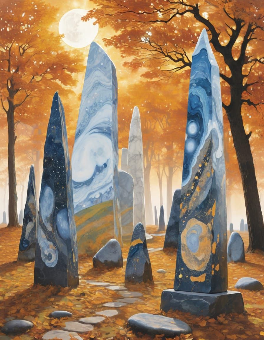 Autumnal Equinox Standing Stones in Marbling Technique