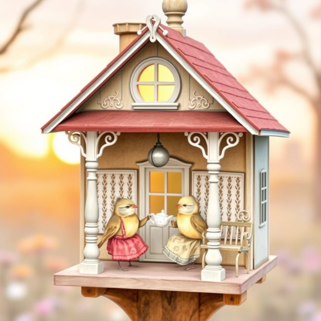 picture a birdhouse shaped like an elegant antebellum mansion, complete with white lace curtains and a miniature porch s...