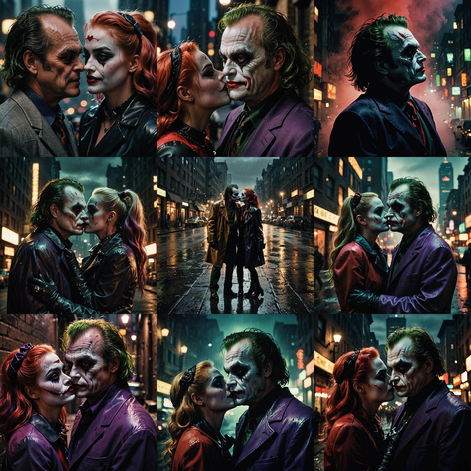 Joker and Harley Quinn Kiss in Gotham, 90s Cartoon Style