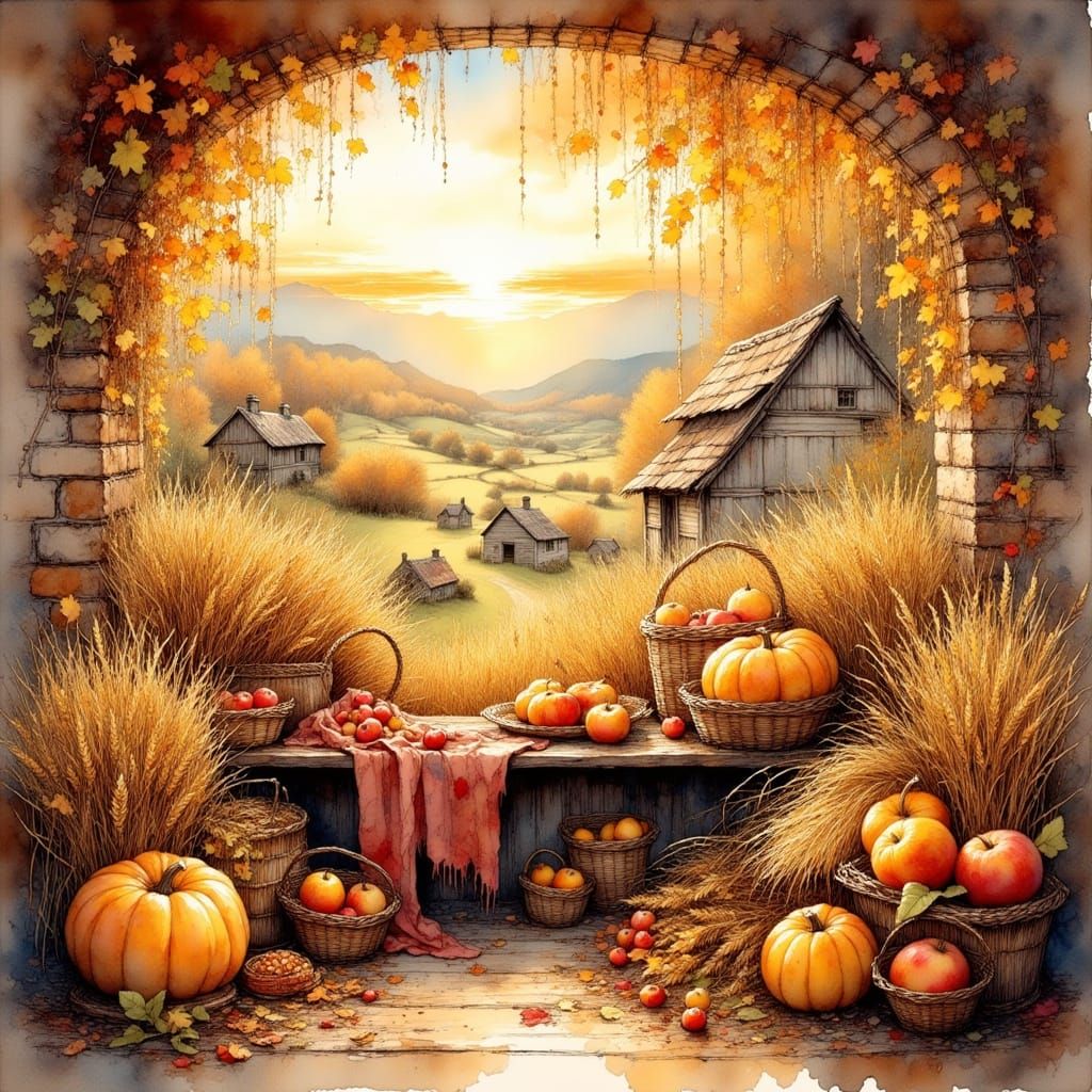 Abundant Harvest Village Scene in Luminous Watercolor Style