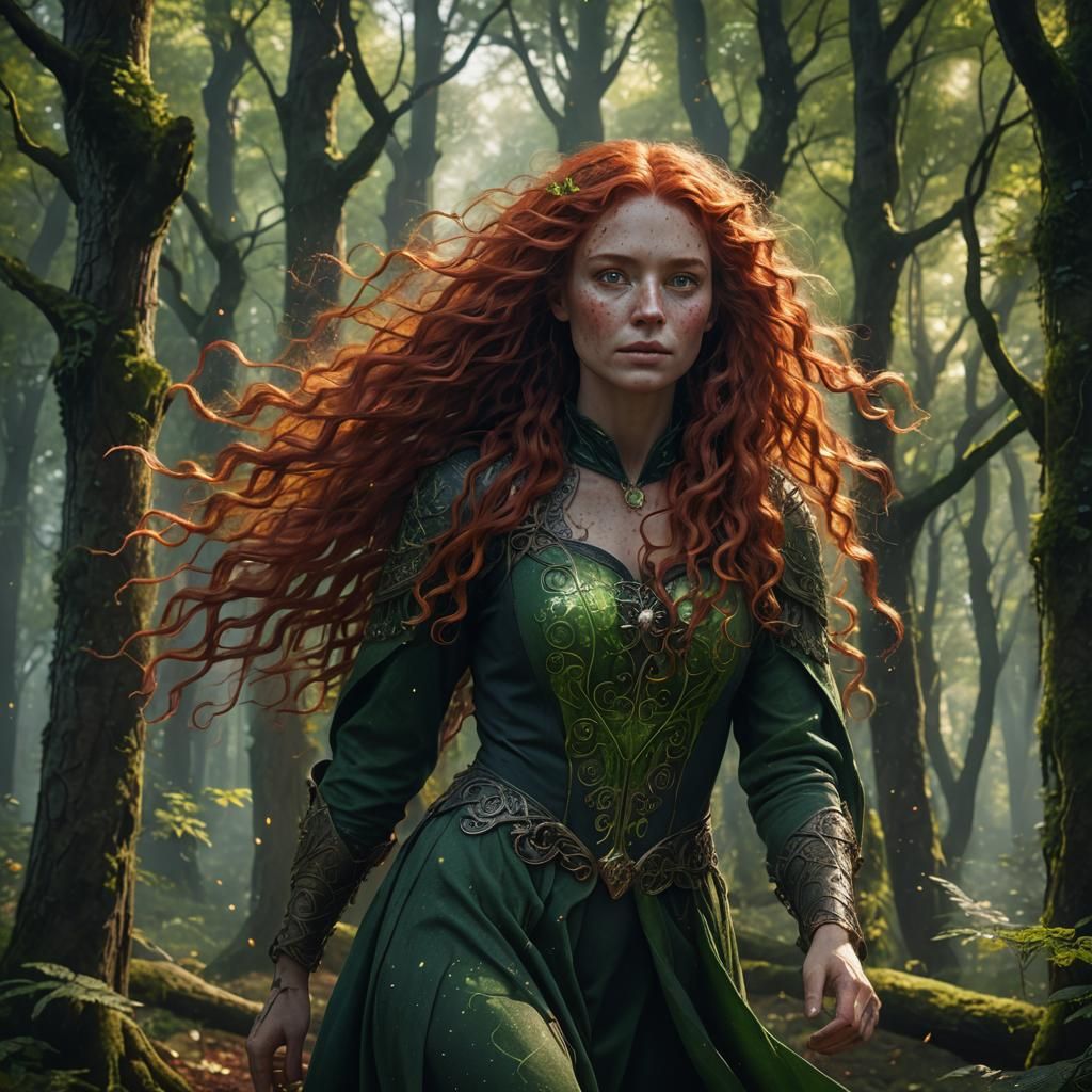 Crimson-Haired Woman in Forest with Glowing Wisps