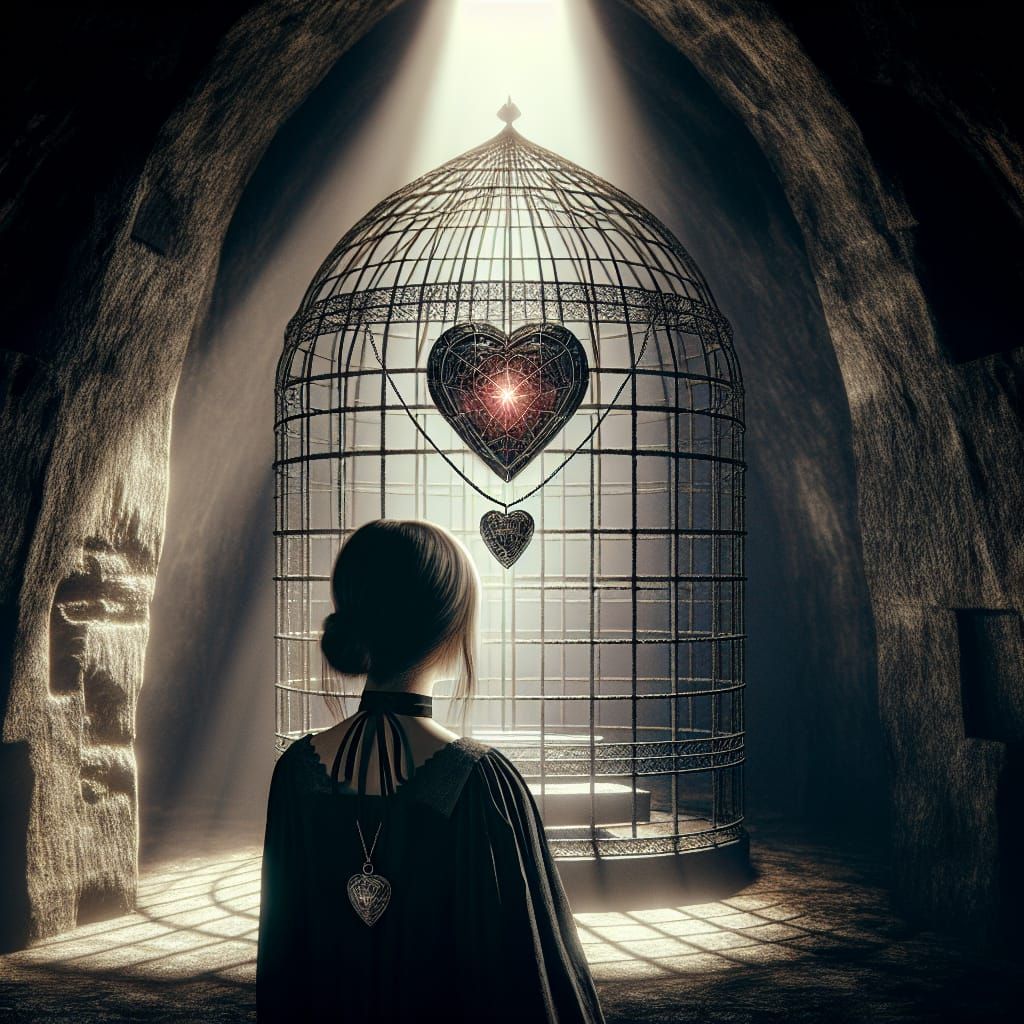 Gothic Girl with Caged Heart in Crepuscular Light