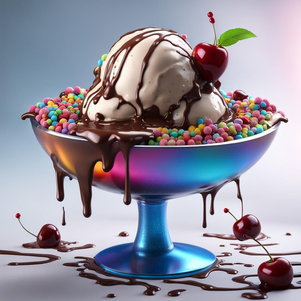 Ice Cream Sundae with Dripping Chocolate, Matte Painting