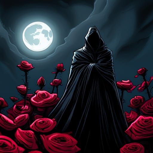 Gothic Horror Figure in Crimson Rose Garden