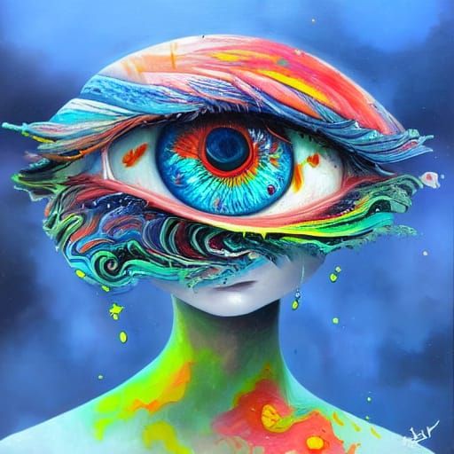 Surreal Girl with Glowing Eyes in Mixed Media