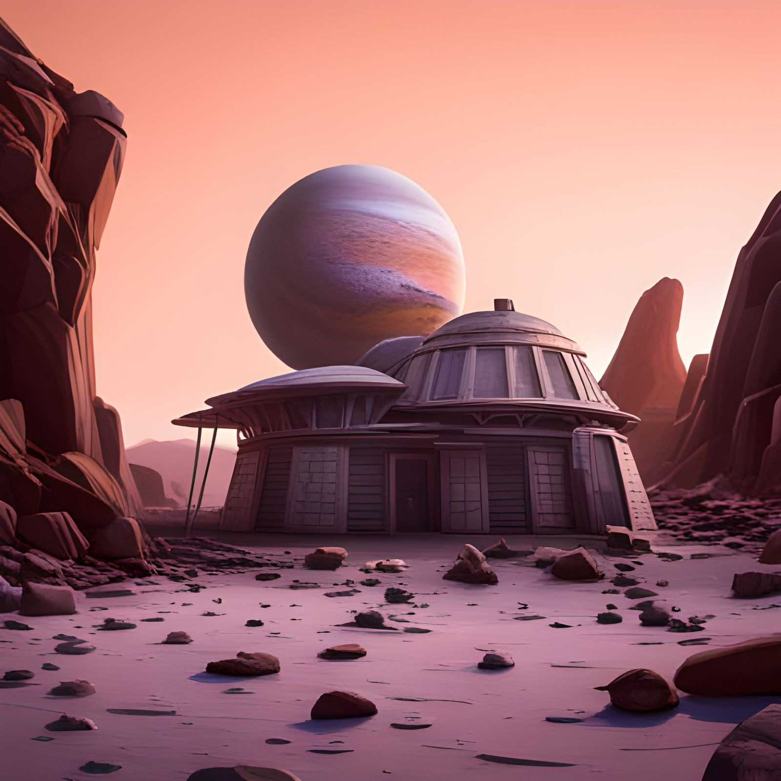 Astronaut on Mars with Stone Cabin and Rocket