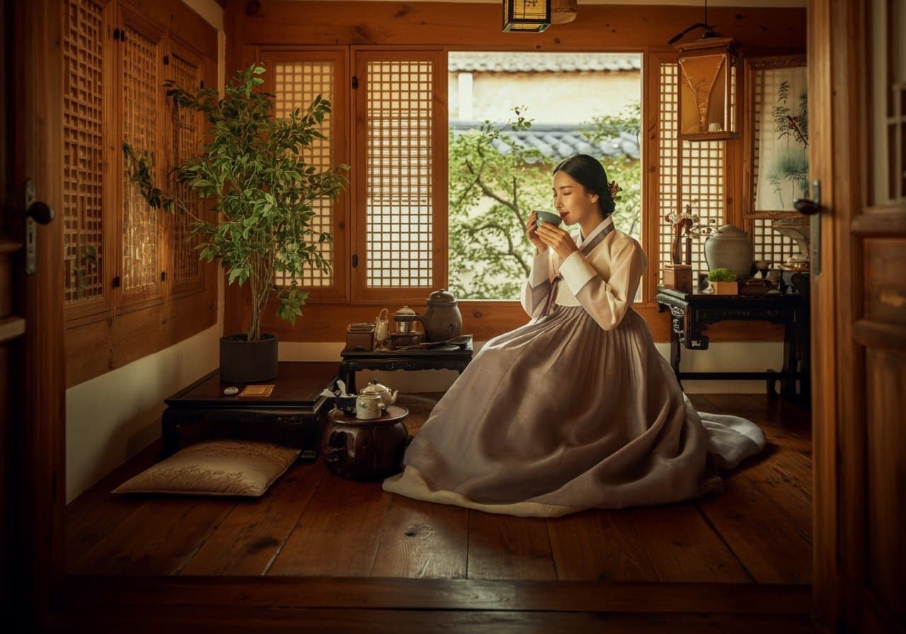 Elegant Korean Woman in Hanok: Hyper-Realistic Portrait
