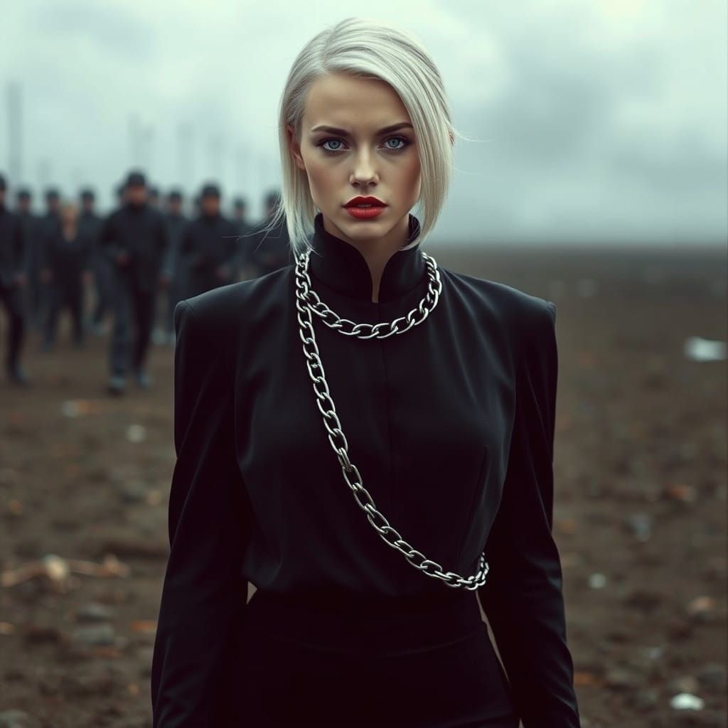 Elegant Warrior in Black Gown with Metallic Chain