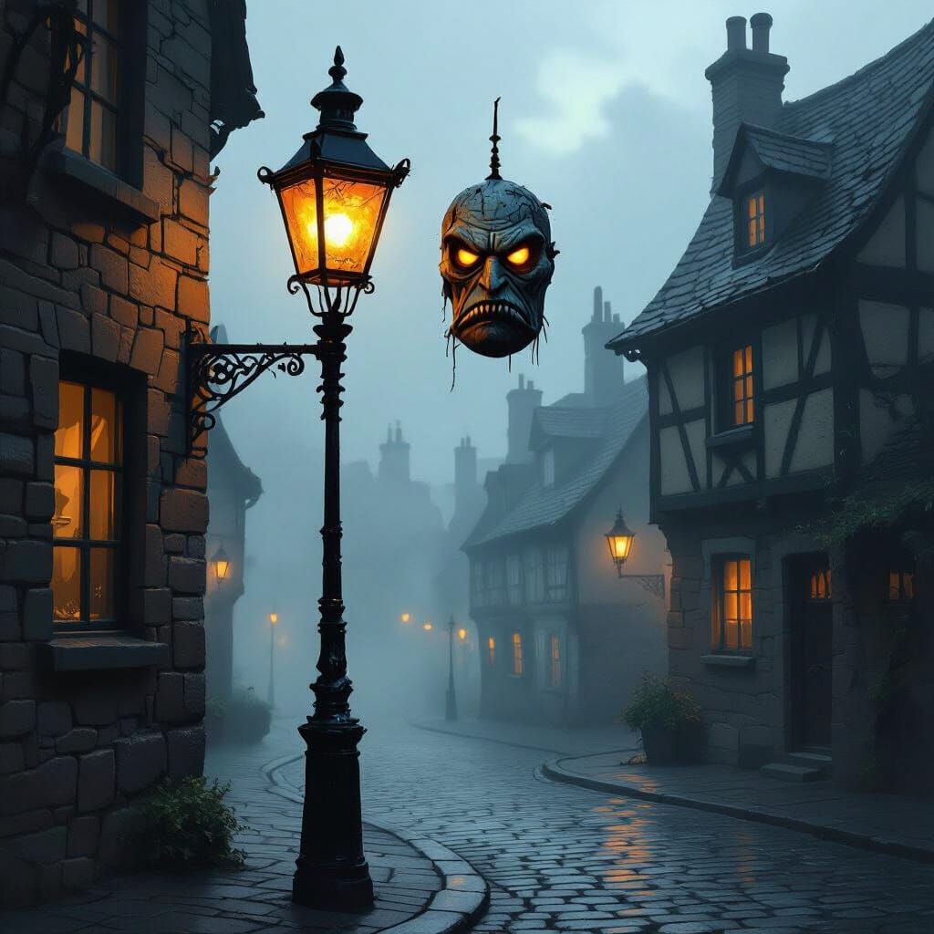 Grumpy Streetlamp on Cobblestone Street at Dusk