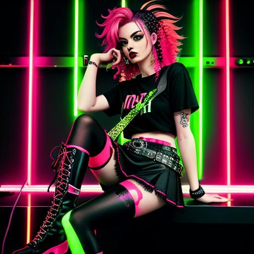 Punk Girl with Neon Hair and Electric Guitar