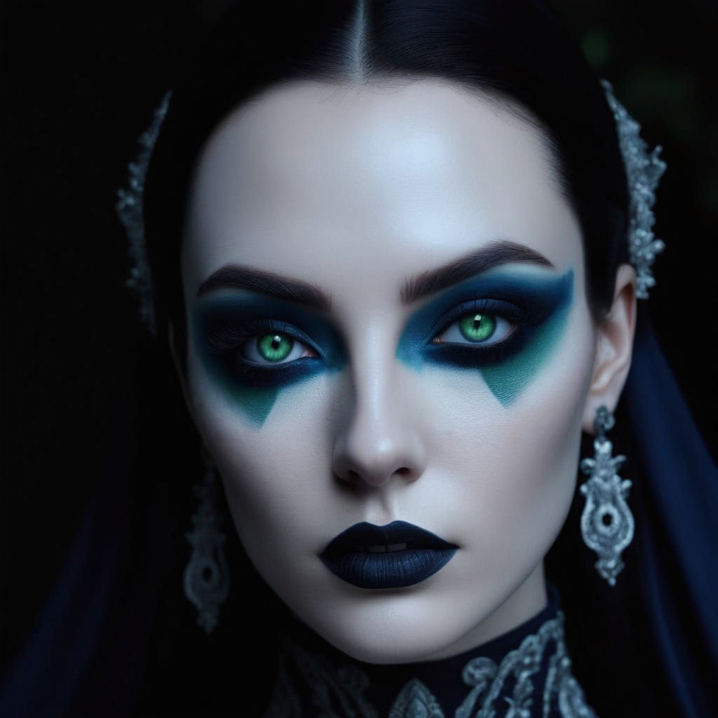 Gothic Portrait. A young lady with black hair and green eyes, dark blue eyeshadow, black eyeliner, and black lipstick wi...