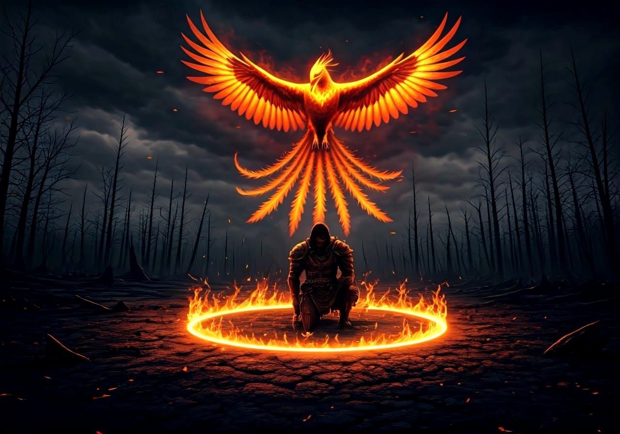 Warrior Kneels Amidst Fiery Inferno, Phoenix Rises to the As...
