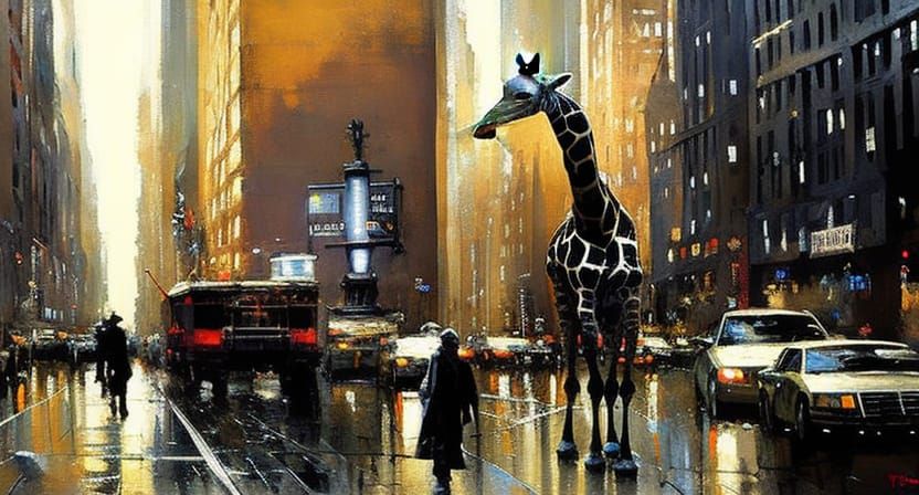 Robot Giraffe Walks Through Dark Fantasy NYC