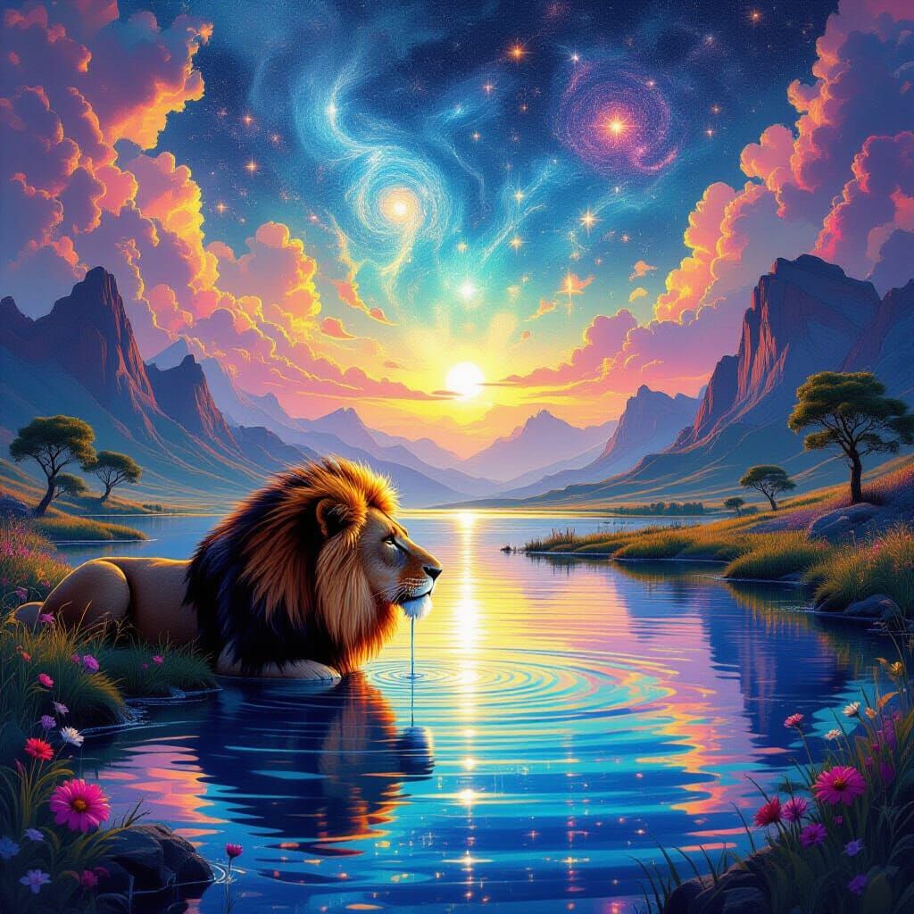 Majestic Lion Drinks from Surreal Cosmic Lake