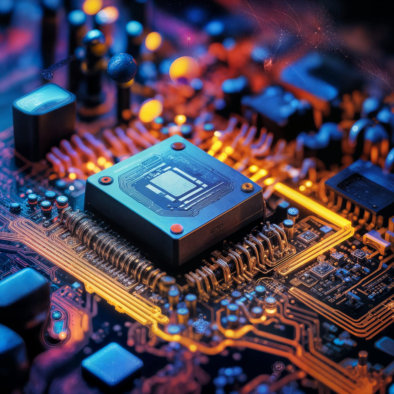 Perceptron on Circuit Board in Neon Glitch Style