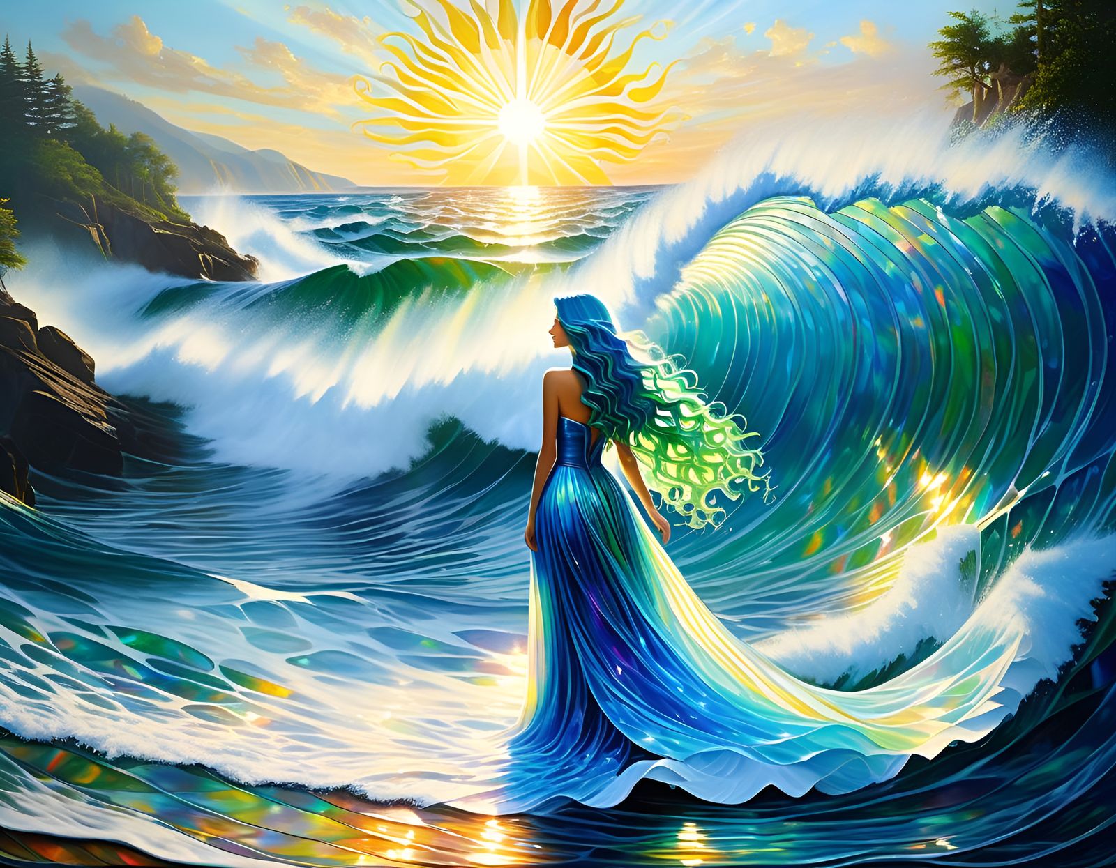 Water Fairy with Blue Hair in Maximalist Oil Painting