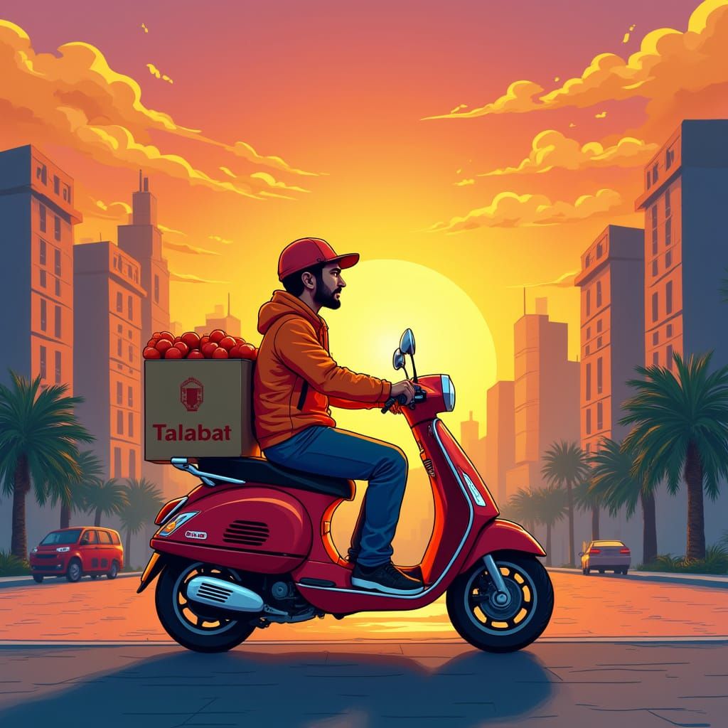 Talabat Rider in Middle Eastern Sunset Illustration