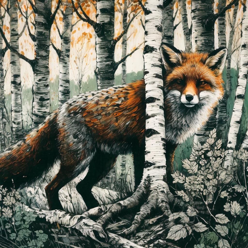 Fox Hiding in Birch Trees: Oil Painting with Ink Etching