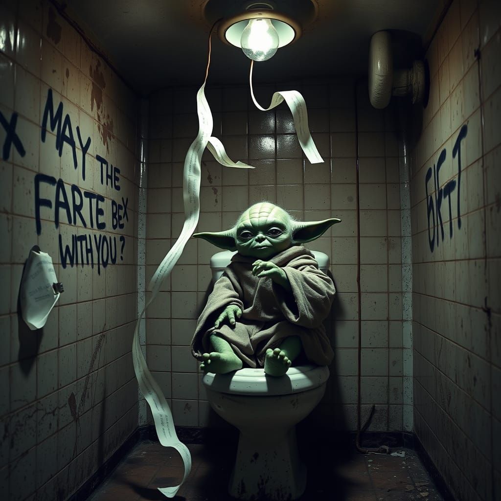 Bored Yoda on Grimy Toilet in Dark, Atmospheric Scene