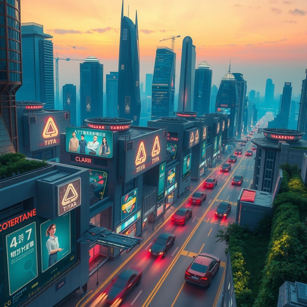 Futuristic Cityscape at Dusk in Matte Painting Style