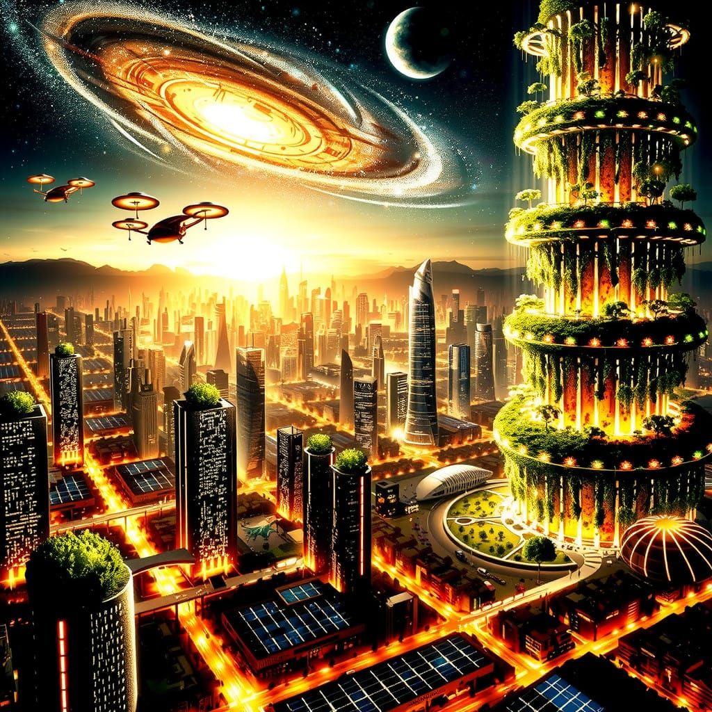 Nighttime on an awe-inspiring Solarpunk city powered by solar-energy gathered in day-time