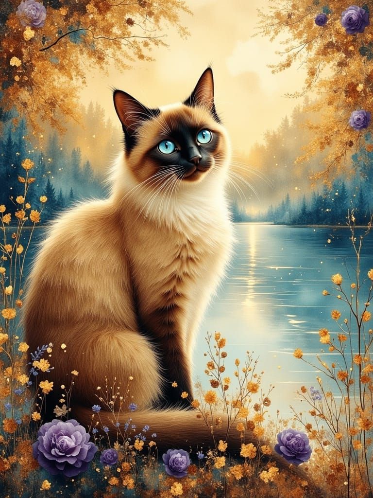 Long-Haired Siamese Cat in Dreamscape Landscape