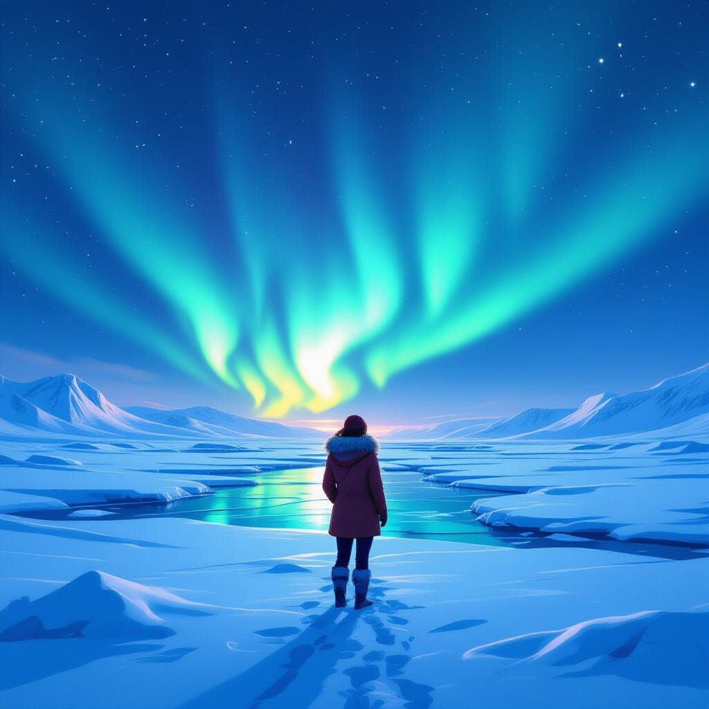 Woman in Tundra Under Northern Lights, Comic Art Style