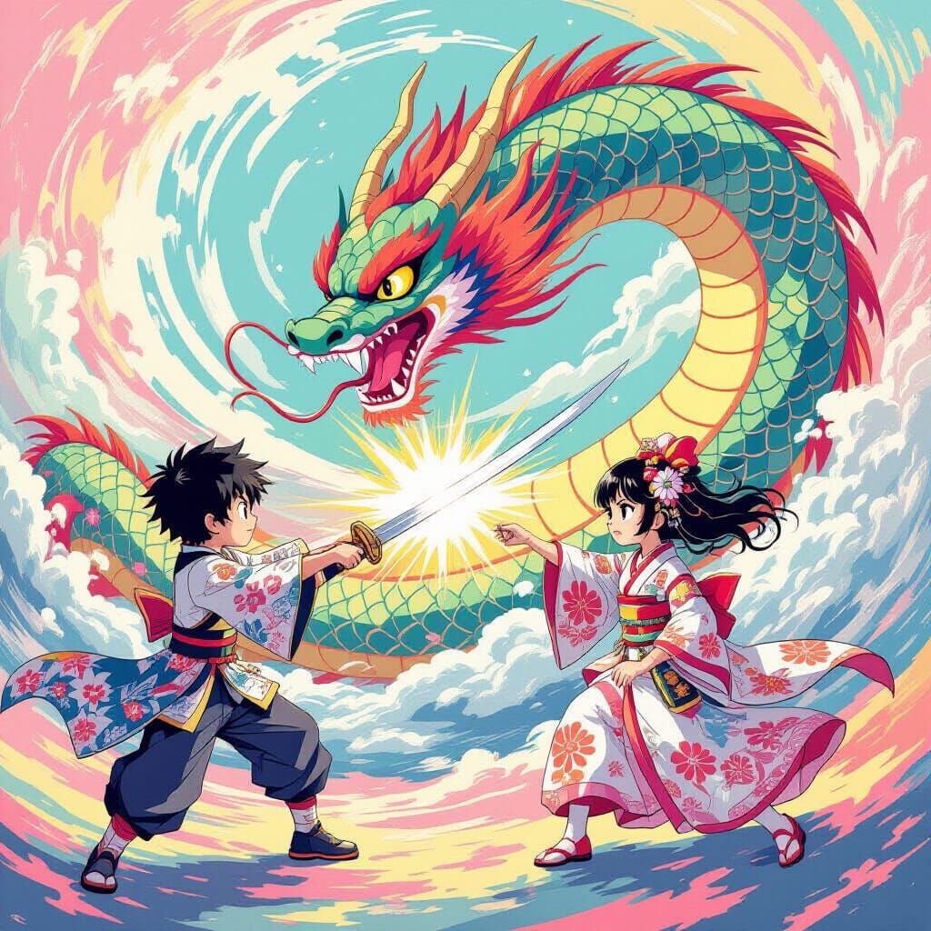 Epic Battle with World Serpent in Japanese Pop Art Style
