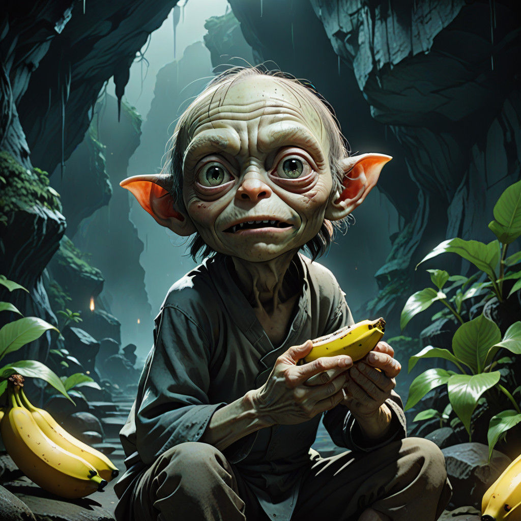 Vibrant Anime Art of Gollum Devouring a Banana in a Dark Cav...