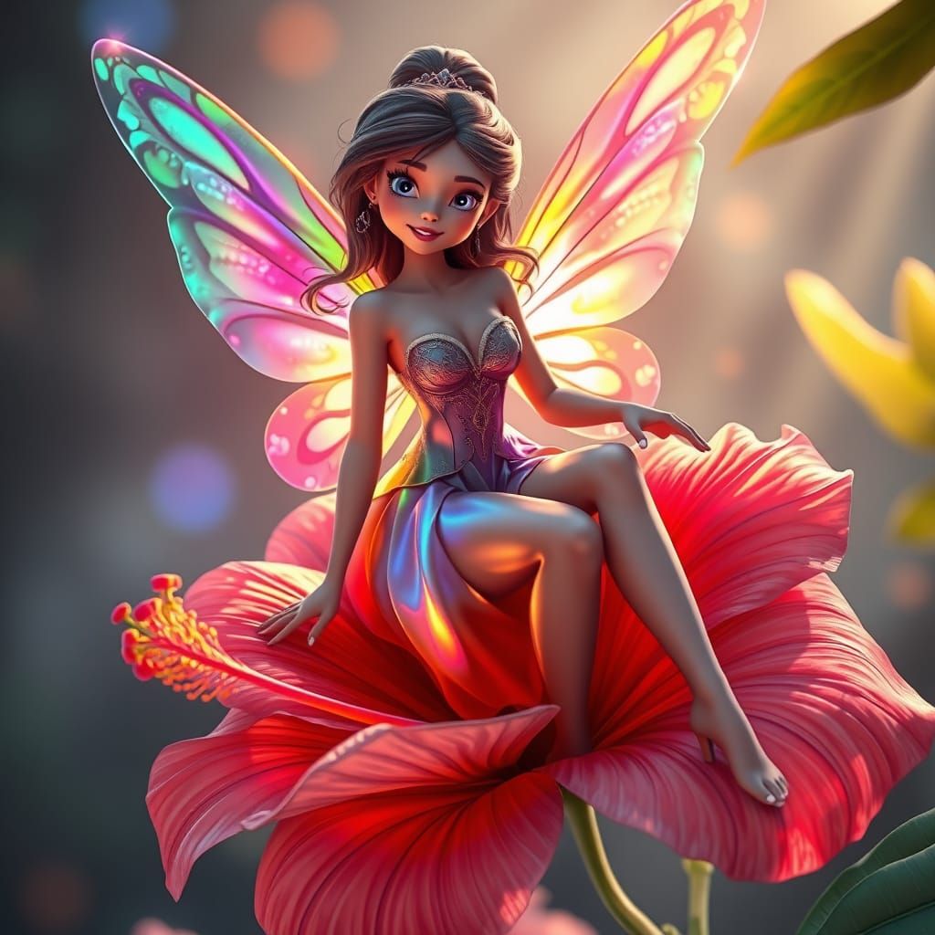 Rainbow Fairy Princess on Hibiscus Flower, 3D Render