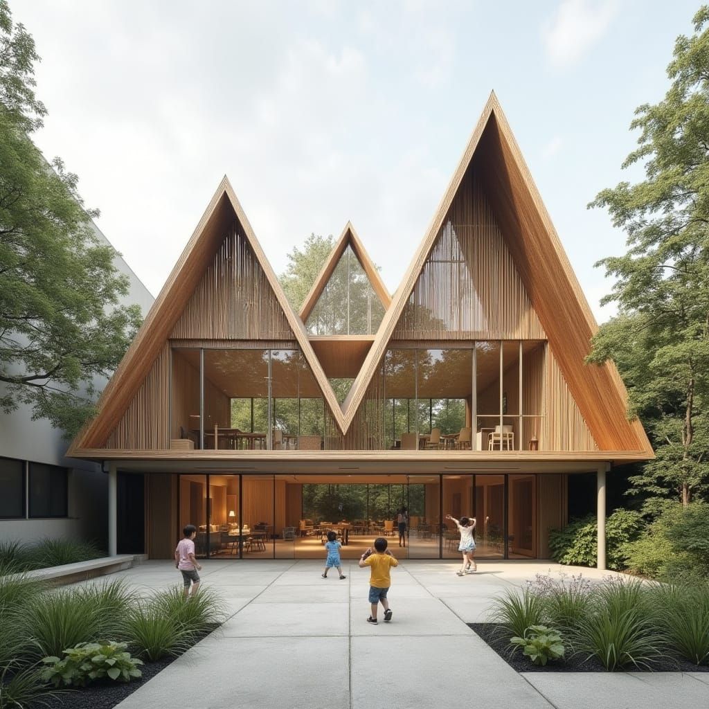 Modern Timber and Glass Pyramid School Design