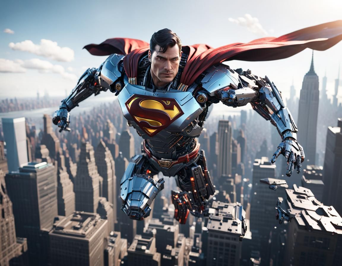 Robotic Superman Over New York City in Sci-Fi Style