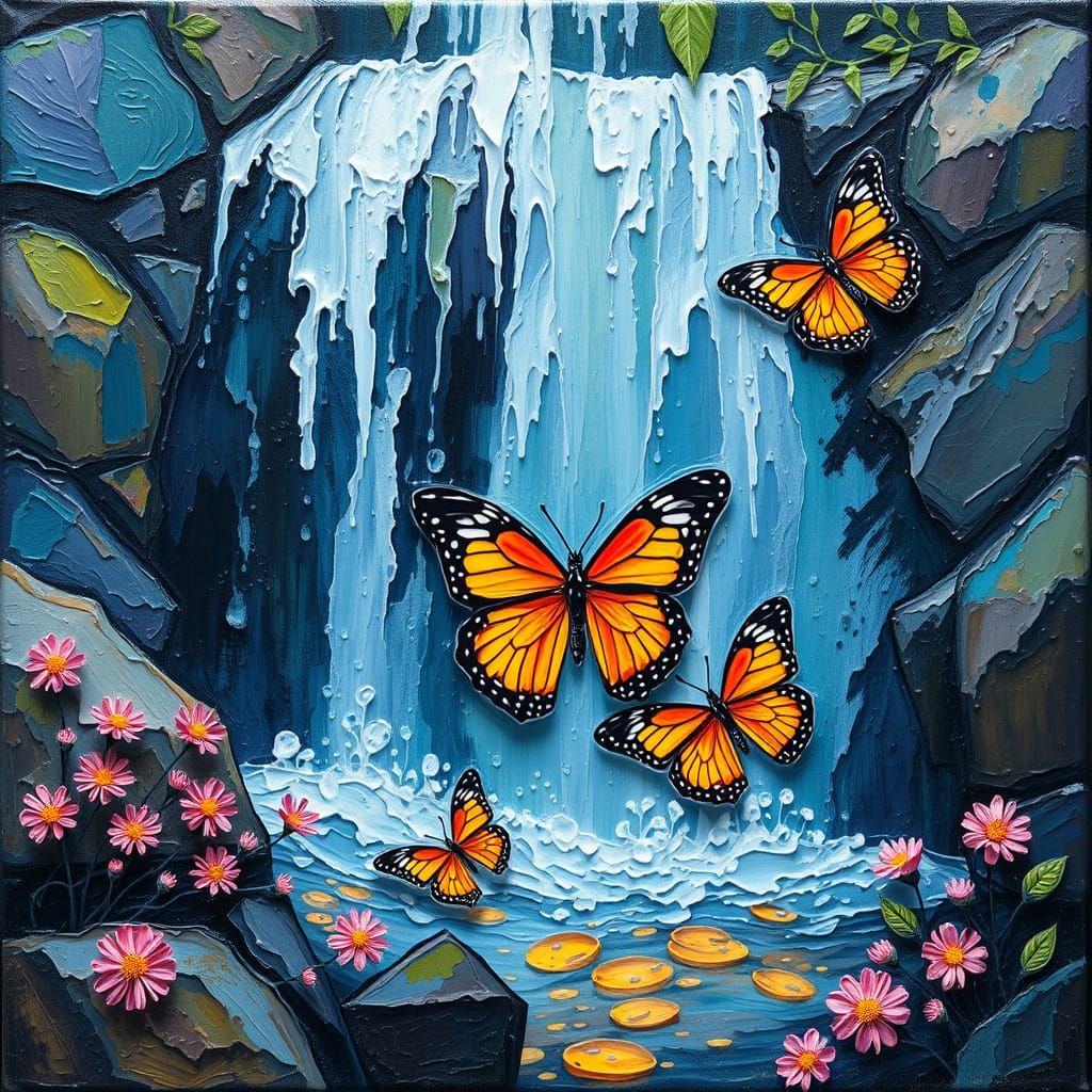 Waterfall Scene with Vibrant Butterflies in Neo-Impressionis...