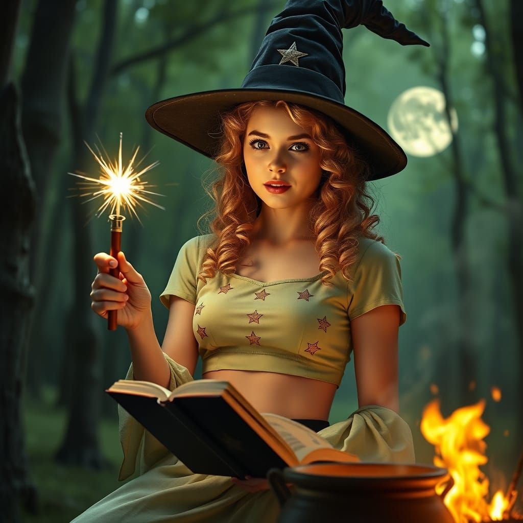 Elegant Witch with Golden Hair and Glowing Wand in Mystic Fo...