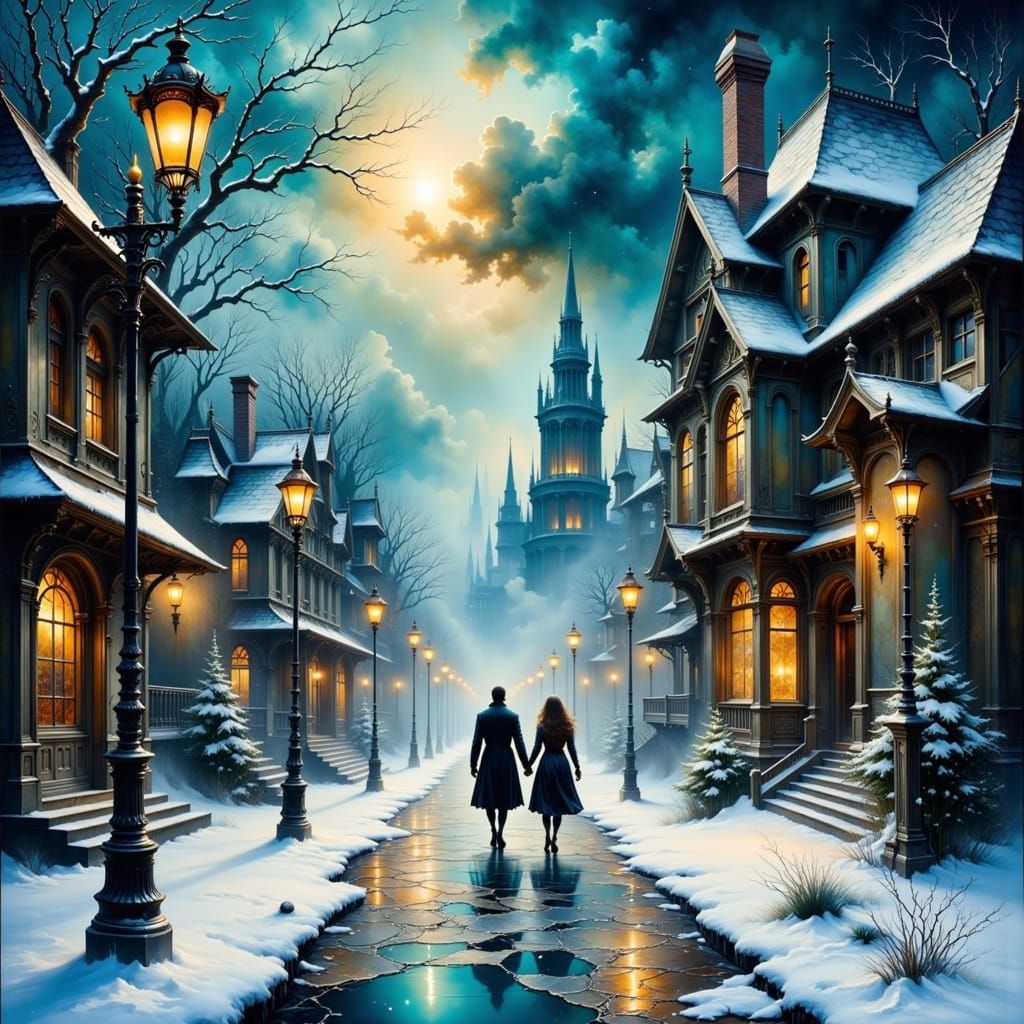 Ethereal Figures Walk Snowy Street in Gothic City