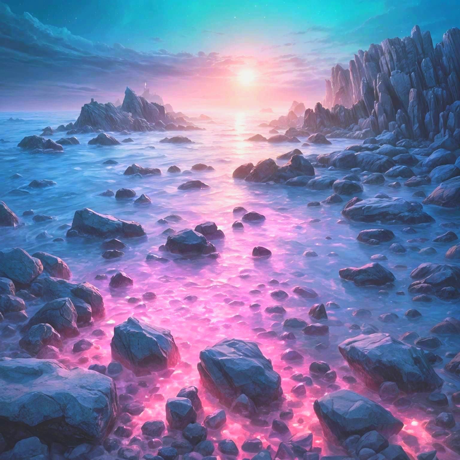 Dreamy Pink Sea with Glowing Rocks