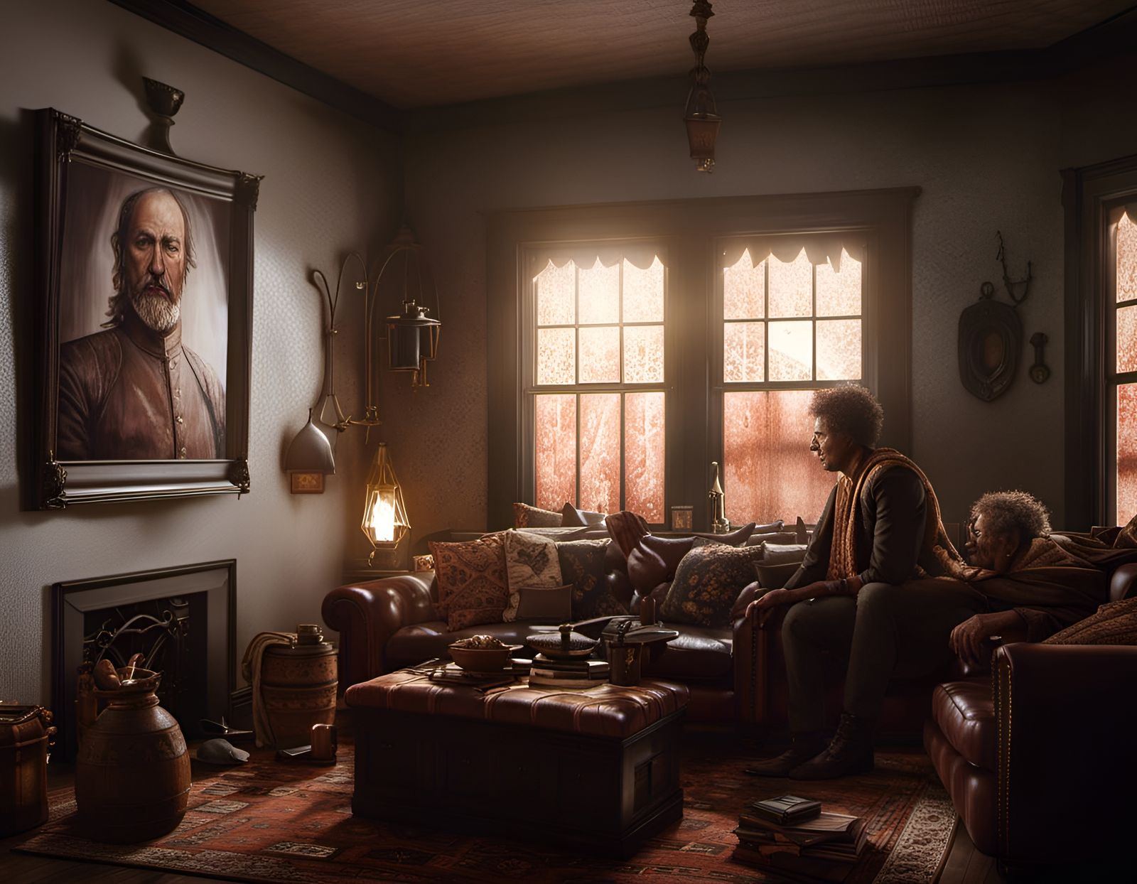 LEATHERFACE- sitting with his ma; interior design.