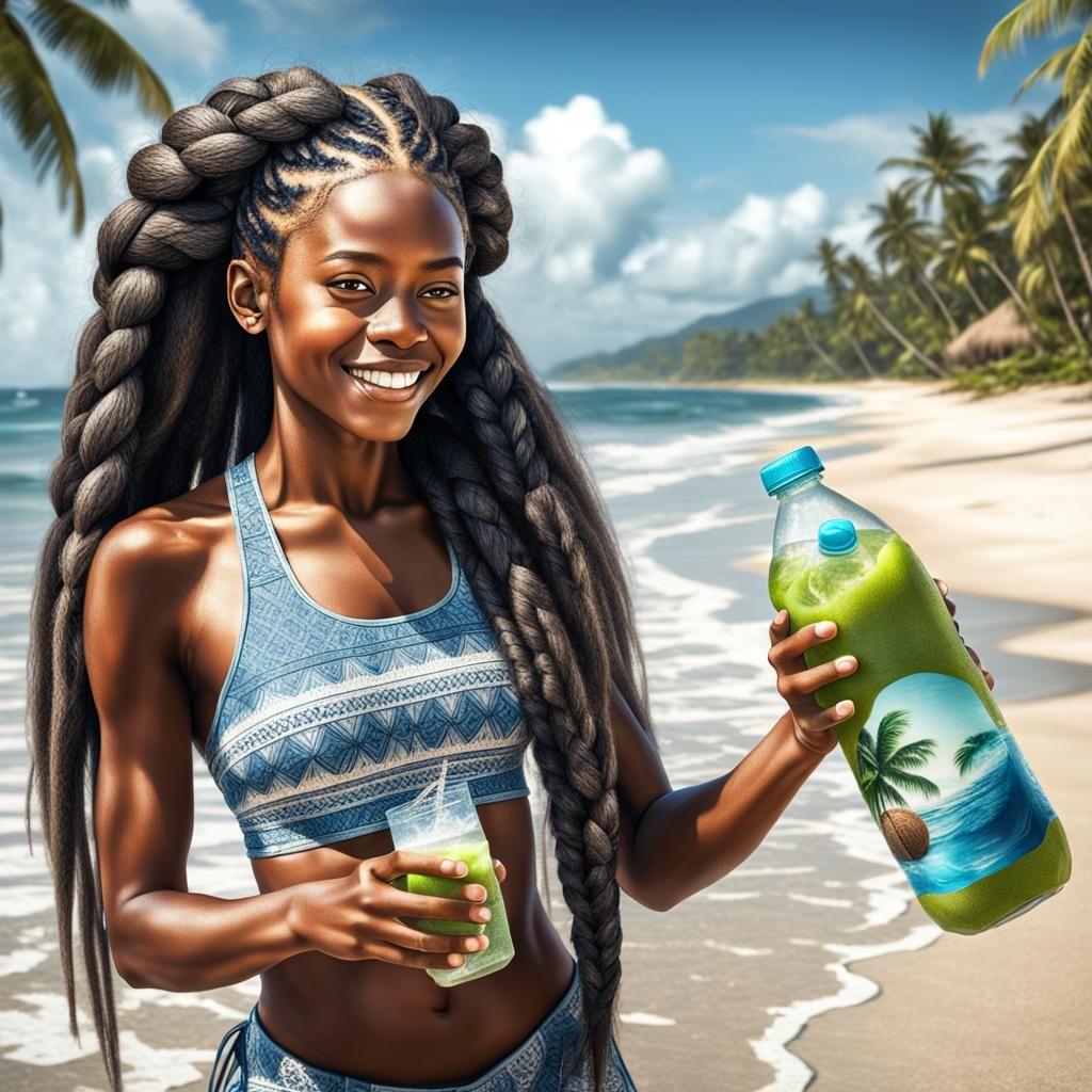 Young Afro Girl on Beach with Coconut Water