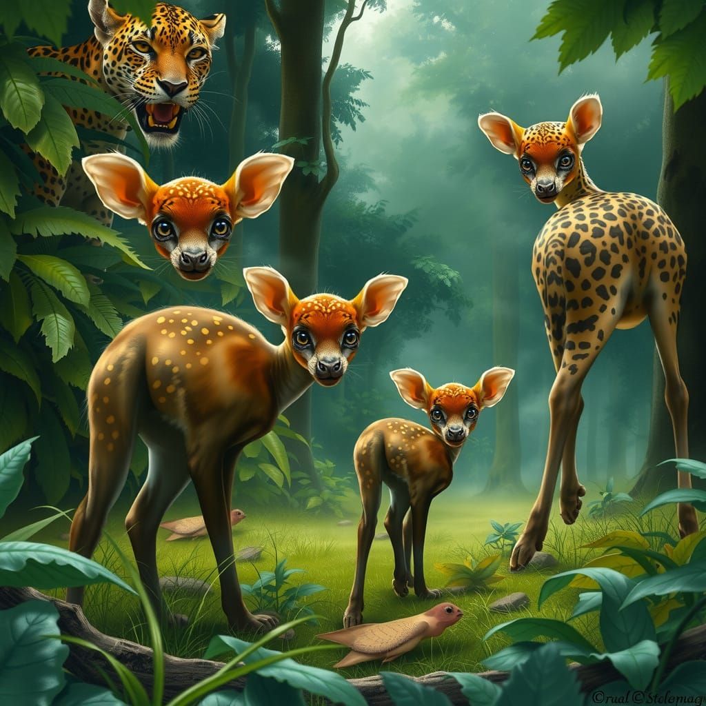 Okapi Encounter in Rainforest, Vibrant Digital Art